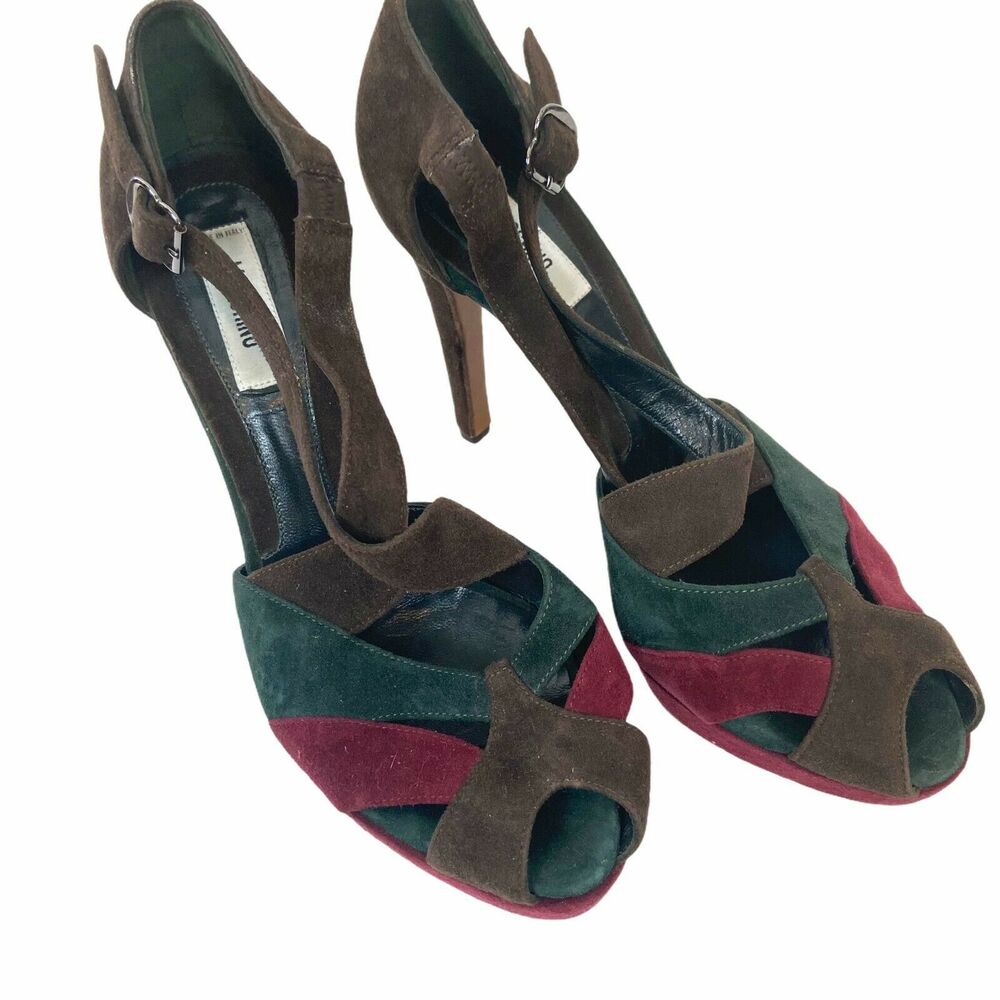Moschino Strappy Stiletto Heels Women's Brown Green Red Peep Toe Sz US 7.5 EU 38